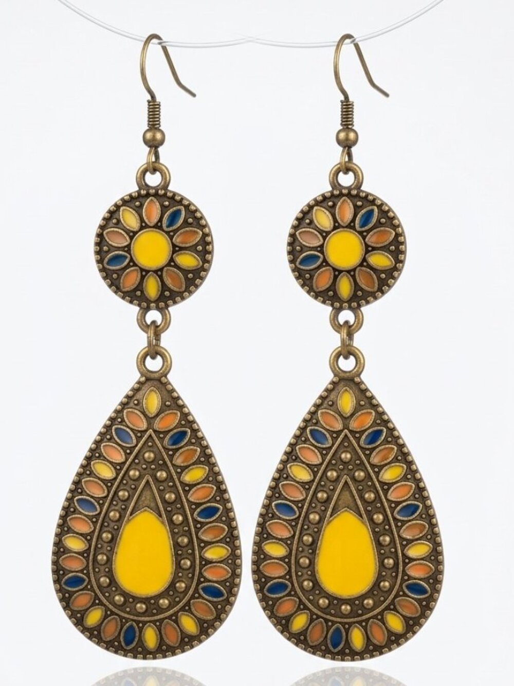 Bronze Tone Boho Dangle Earrings Colorful Enamel Floral